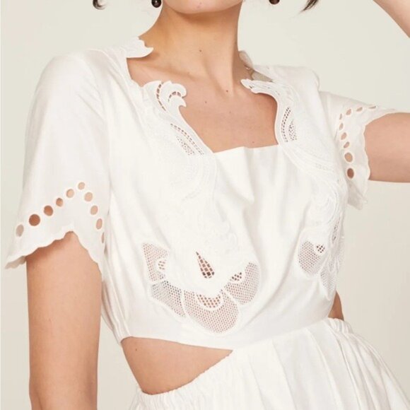 Self-Portrait White Broderie Scallop Midi Dress Cottagecore Prairie Side Sz 6 - Picture 4 of 10